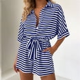 thumbnail image 2 of Npasoilc Striped V-Neck Button Belt Short Jumpsuits for Women Mid Length Sleeve Summer Romper, 2 of 6