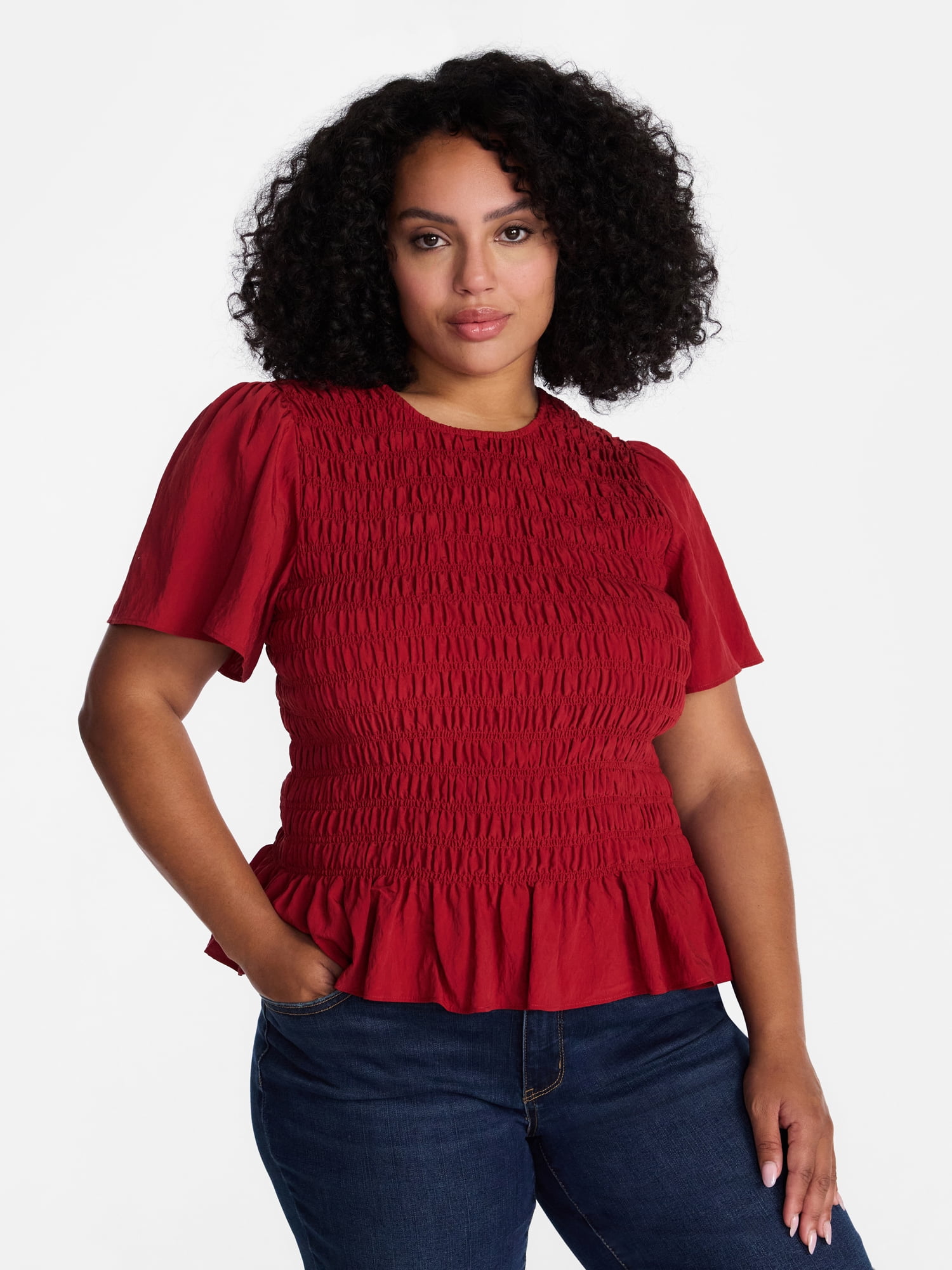 Time and Tru Women's Smocked Top with Short Puff Sleeves, Sizes XS-XXXL