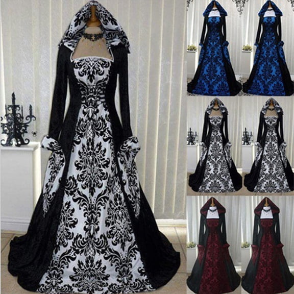 HAJWOH Women's Witch Dress Costume Vintage Halloween Dress Hooded Gown Dress Cosplay