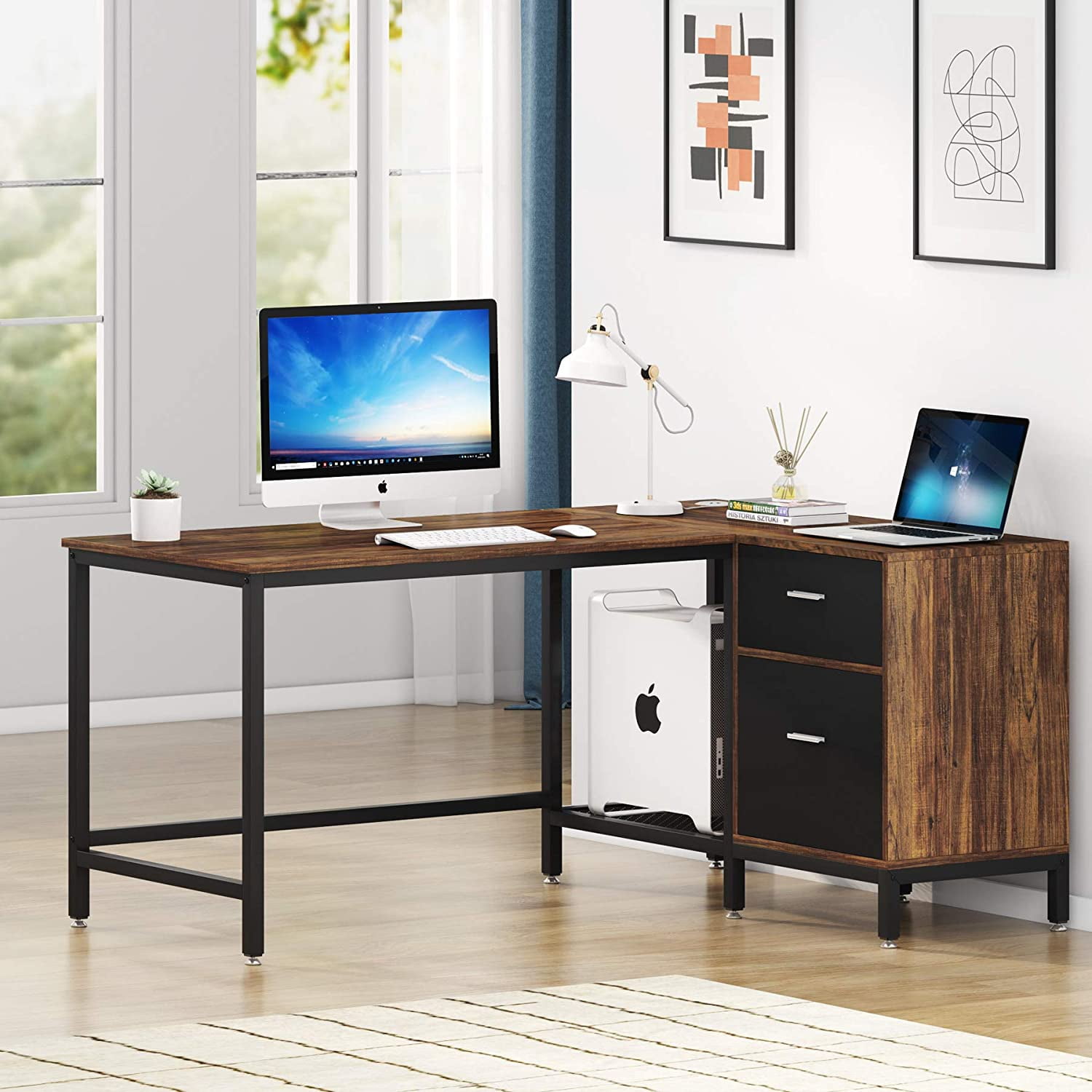 Tribesigns Reversible Rustic L Shaped Desk with Storage Drawer, 55 Inch