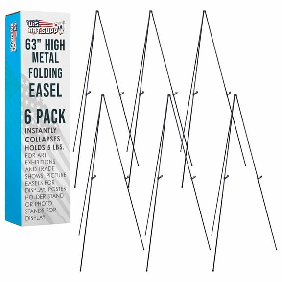 U.S. Art Supply 63" High Steel Easy Folding Display Easel (6 Pack), Instantly Collapses, Adjustable Holders, Portable