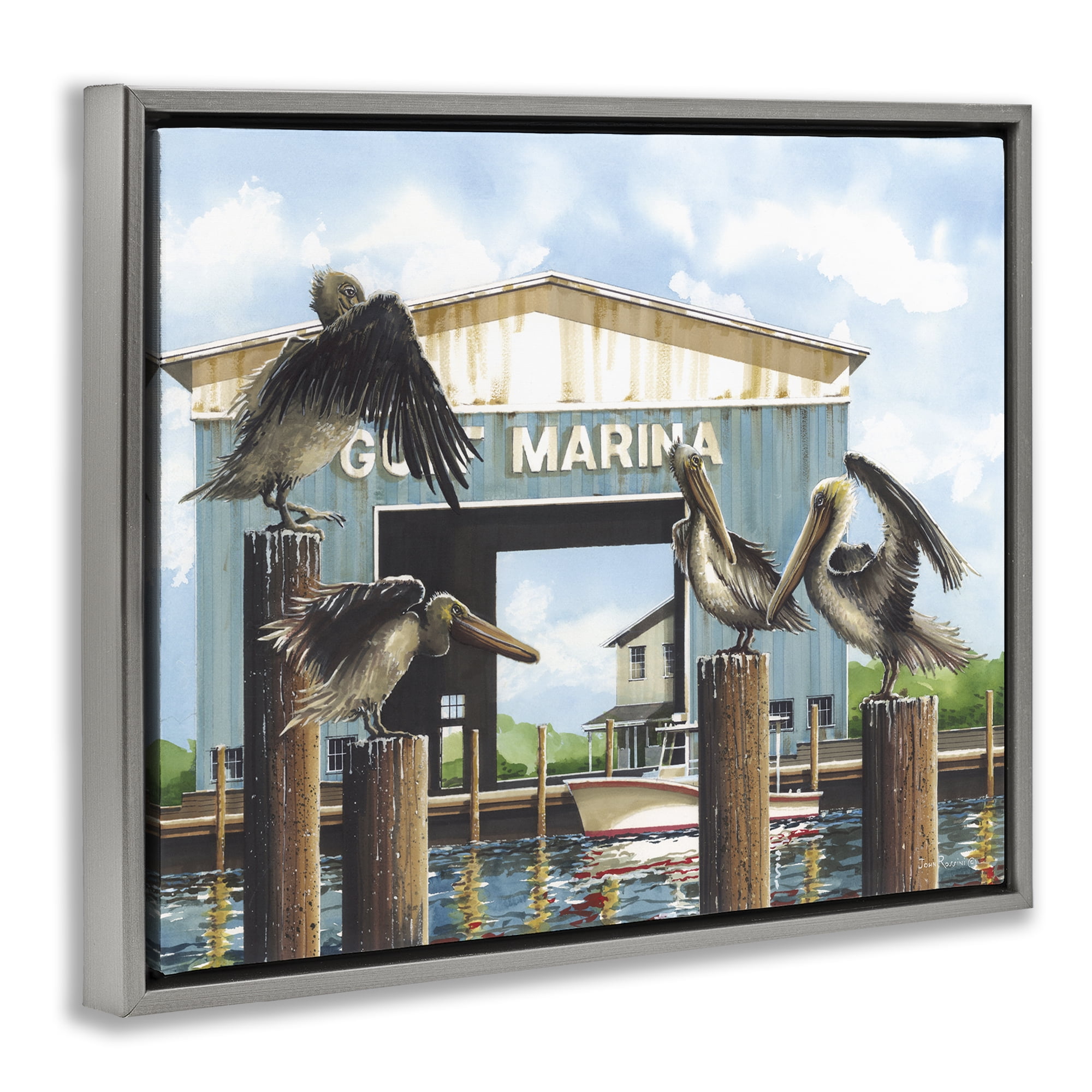 Stupell Industries Boat Marina Pelicans Nautical & Beach Painting Gray Floater Framed Canvas Art Print Wall Art, 31 x 25