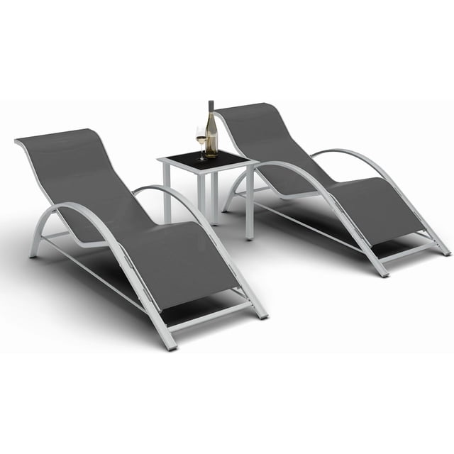 AKDSteel Ensemble de 3 Chaises Longues de Patio, Chaises de Piscine d'Extérieur Inclinables avec Dossiers Réglables, Chaises Longues en Osier avec Tables d'Appoint et Porte-Gobelets