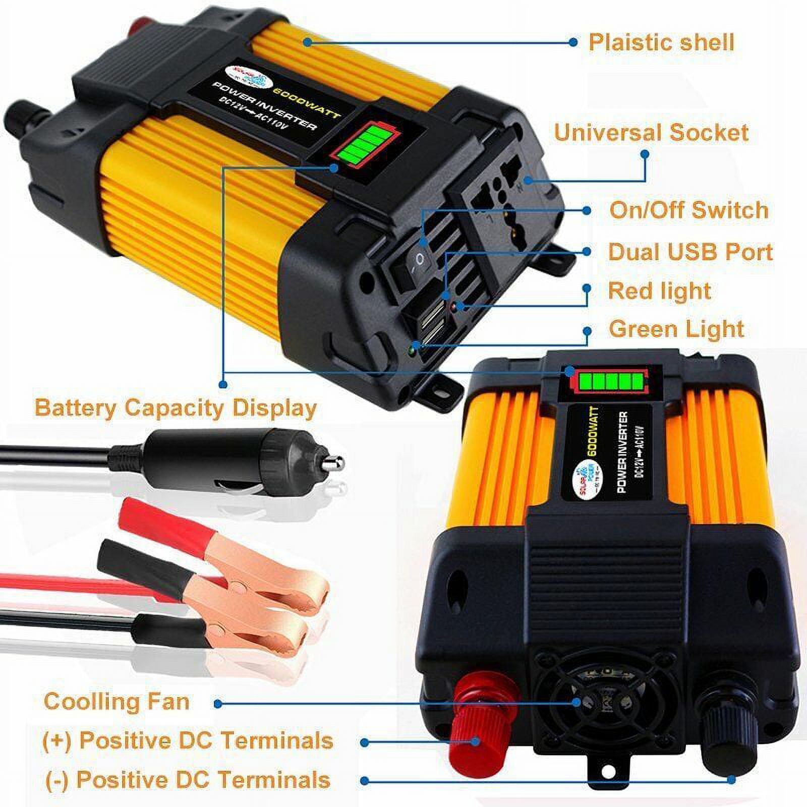 6000W Power Inverter DC12V to AC110V Converter Generator, Sine Wave Convert with 2 USB Ports 1 Sockets for Laptop/IPad/Mobile Phones/Camera