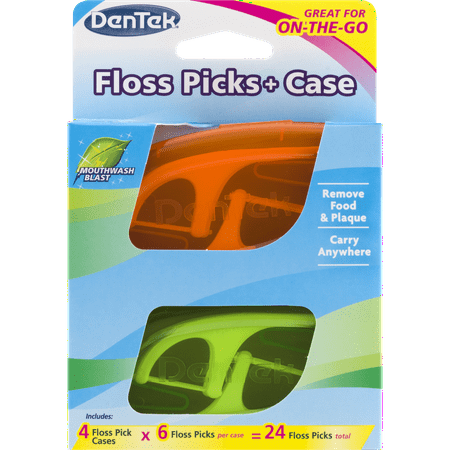 DenTek Floss Picks & Travel Case for On-the-Go, 4 Travel Cases with 6 Floss Picks Each
