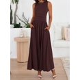thumbnail image 3 of Coffee Sleeveless Maxi Dress With Crew Neck, High Waist, Ruched Bodice, Flowy Skirt And Side Pockets, 3 of 6