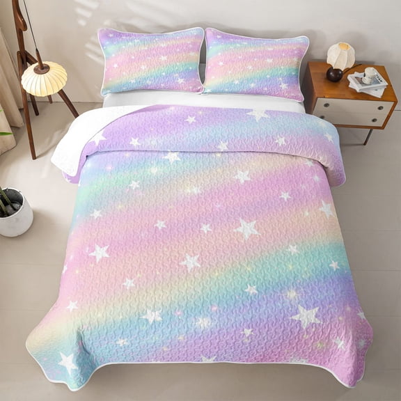 meiyoeat Colorful Gradient Quilt Full,Cute Rainbow Stars Print Full Bedspread Sets For Girl,3 Pieces