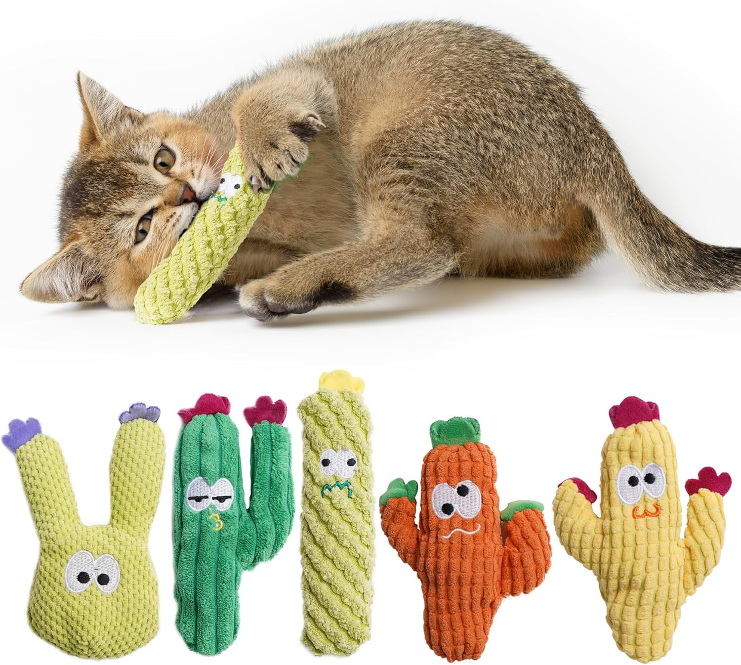 Cat Toys for Indoor Cats, 100% Pure Organic Catnip-Filled Toys Without Cotton, Interactive Cactus Kitten Toy for Anxiety Relief, Soft Cute Teething &Chew Toys, 5 Pack