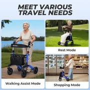 MaxKare Rollator Walker with 8” All Terrain Wheels, 8 Level Adjustable Handle, Foldable Walkers for Seniors with Seat & Backrest, 300lbs, Blue