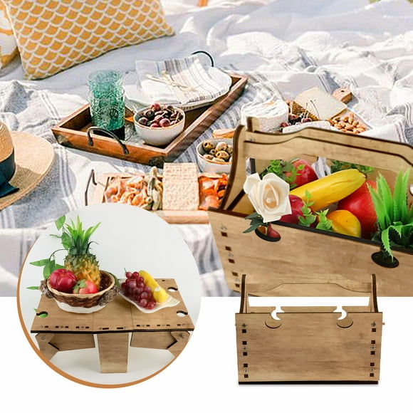 TopLLC Folding Picnic Basket Wine Table Storage Dining Table Family Outdoor Party on Clearance