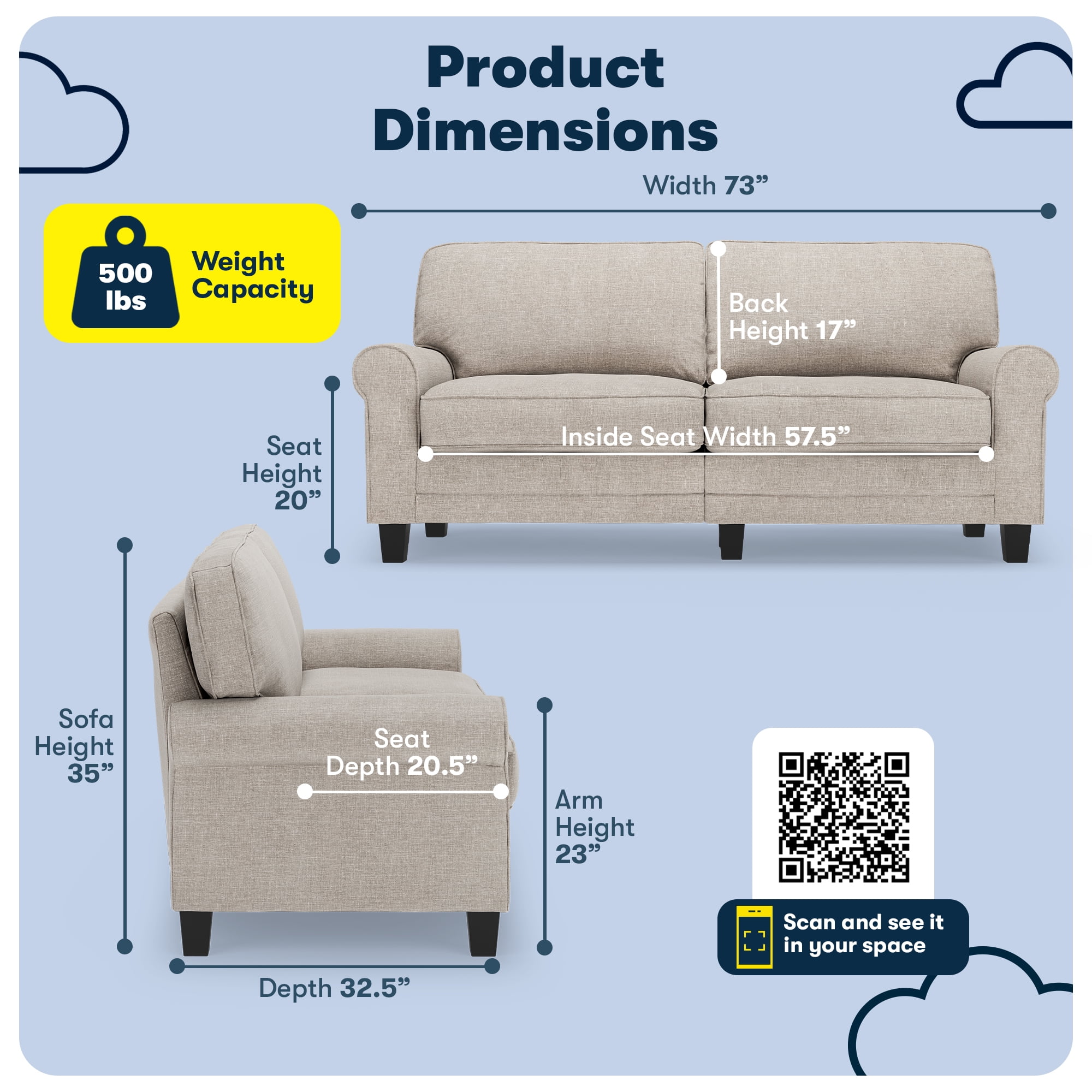 Serta Copenhagen 73" Rolled Arm Sofa, Easy Care Polyester, Loveseat or Couch for Small Spaces, Light Gray