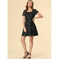thumbnail image 3 of DARING DIVA Square Neck Short Sleeve Print A-Line Dress M Black-Stars, 3 of 6