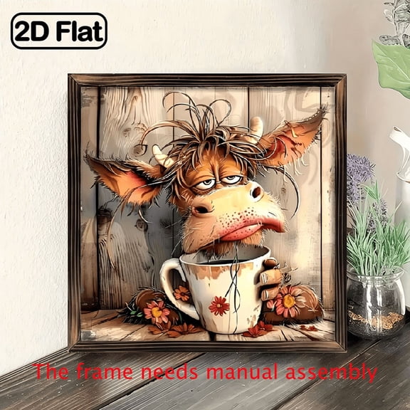 8-inch 2D flat "Funny Cow" wooden frame painting. Easy to install. Suitable for wall decoration signs and plaques in homes and other places. An ideal gift for housewarming.