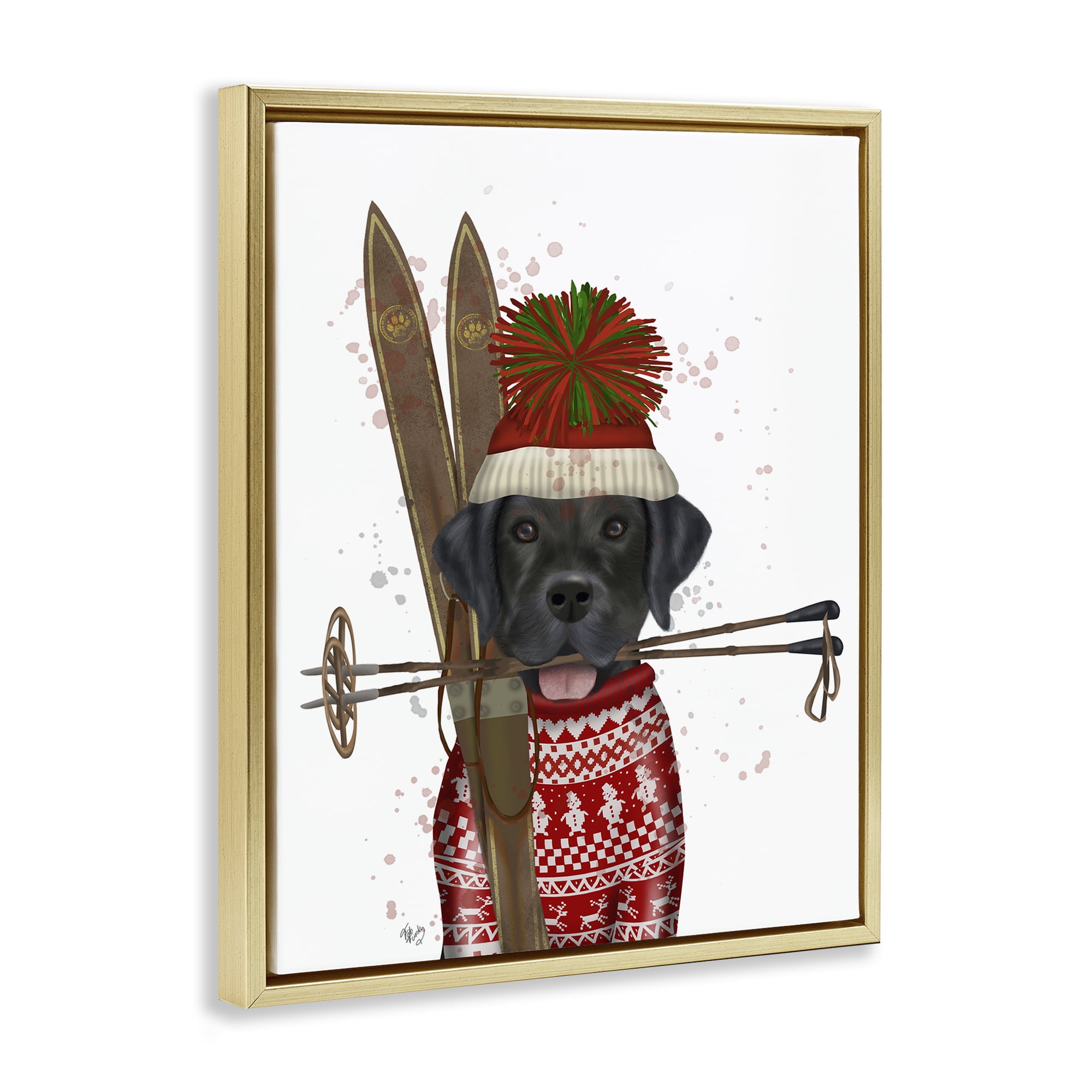 Stupell Industries Black Labrador Skiing Animals & Insects Painting Gold Floater Framed Canvas Art Prints Wall Art, 17 x 21