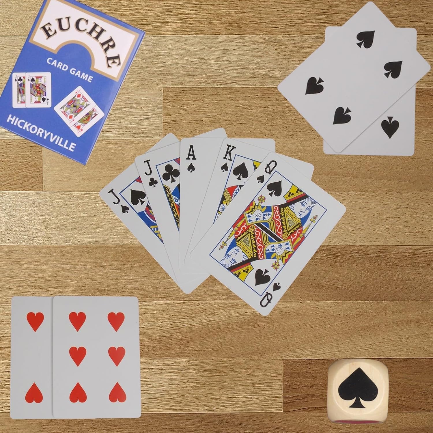 Hickoryville Euchre Playing Cards Bundle - 2 Euchre Decks in One Box with Large 40mm Suit Marker Dice