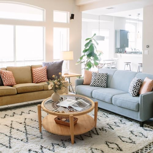 RUSTOWN Rattan Round Coffee Tables, 2-Tier Sofa Table with Rattan & Tempered Glass Top and Wood Legs, Accent Side Coffee Table for Living Room(Natural)