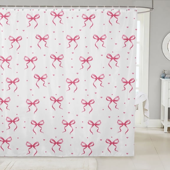 Manfei Fashion Bow Knot Shower Curtain 72Wx78L,Pink Polkadot Loves Bath Curtain