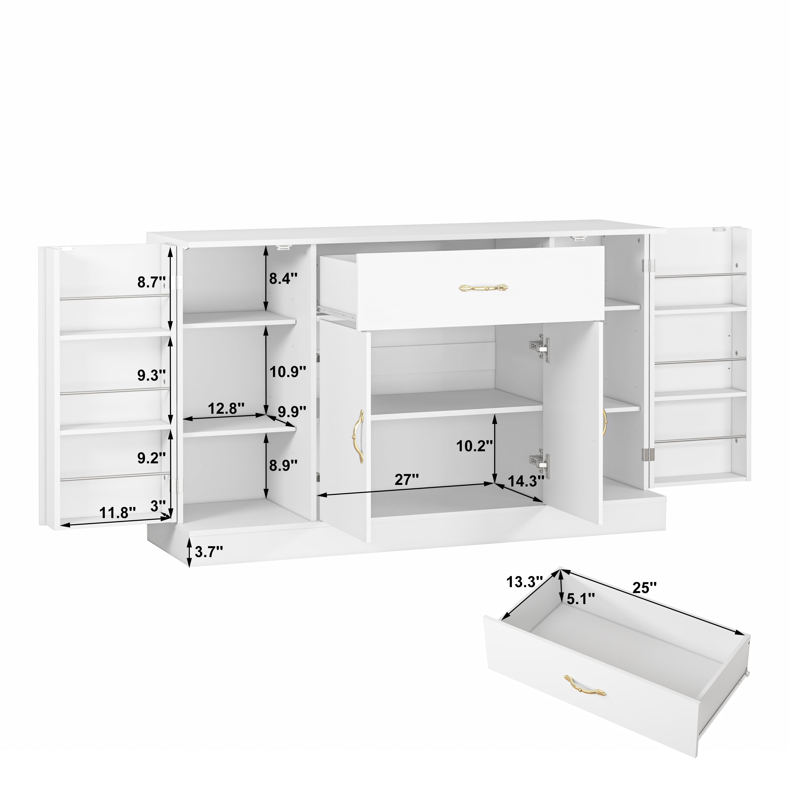 Mintazer Sideboard Buffet Cabinet with 4 Door, Storage Credenza with Drawer & Gold Metal Handles for Dining Room Entryway Living Room, White