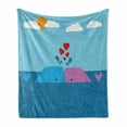 thumbnail image 1 of Whale Soft Flannel Fleece Throw Blanket, Art of Romantic Lover Mammals in Ocean Sun and Clouds Animal Fun Love Print, Cozy Plush for Indoor and Outdoor Use, 50" x 70", Blue and Pink, by Ambesonne, 1 of 6