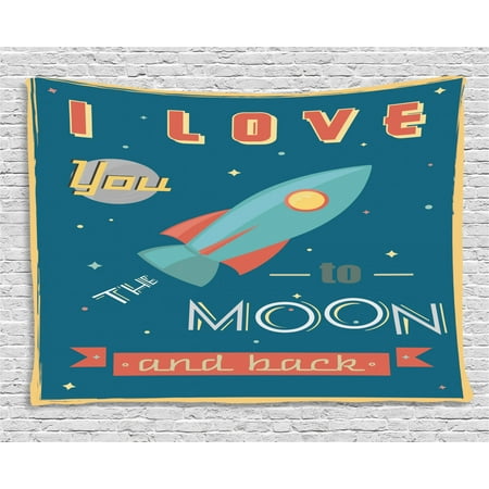 Navy And Coral Decor I Love You Tapestry, Spaceship Galaxy Stars Cosmos Love Theme Retro Inspirational Letters, Wall Hanging for Bedroom Living Room Dorm Decor, 60W X 40L Inches, Dark Blue and Coral, by Ambesonne ()