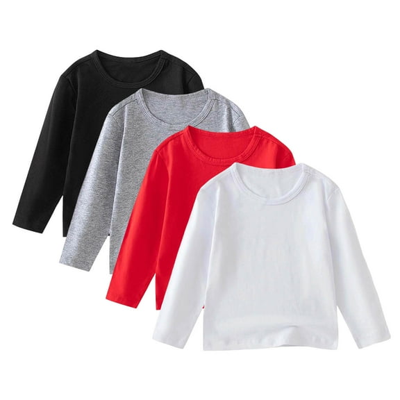 Posijego 4 Pack Kids Cotton T-Shirts Girls Boys Plain Long Sleeve Shirt Basic Tee Casual Shirts Multi-pack Tops