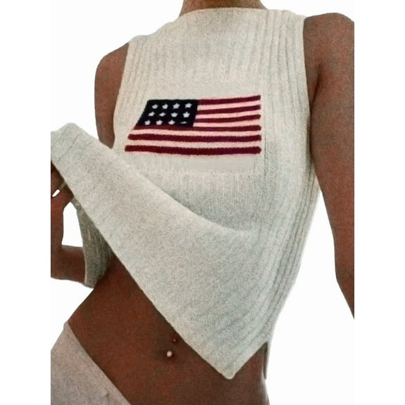 Women'S American Flag Sleeveless Sweater Vest Knit Crew Neck Tank Top Cream White S