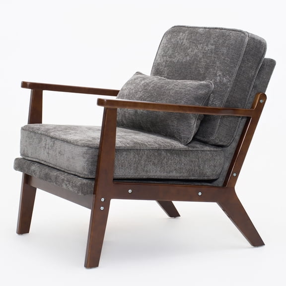 CQSXDA Modern Design Fabric Cushioned Armchair with Wooden Armrests and Lumbar Pillow for Living Room or Office, Antique Dark Grey