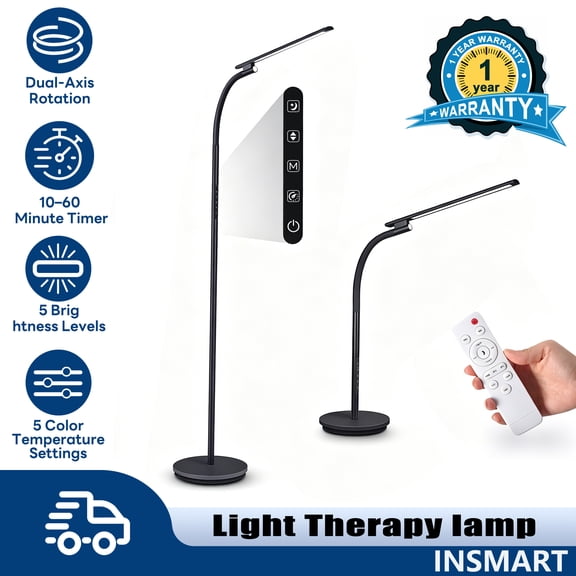 INSMART Light Therapy Lamp 10000 Lux, LED UV-Free Sunlight Therapy Lamp, Therapy Lamp with Remote & Touch Control and 5 Adjustable Brightness Levels, Floor Sad Lamp (Black)