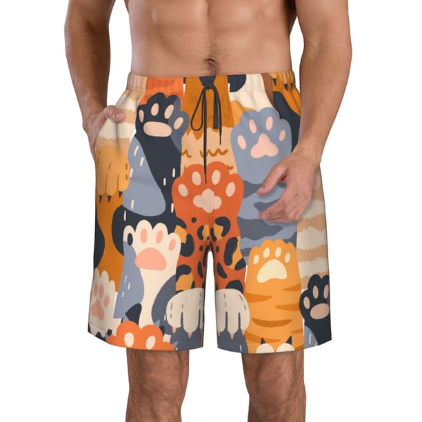 Balery Cute Cat Paw Traje de Baño Estilo Hawaiano para Hombre, Shorts de Secado Rápido con Bolsillos-X-Large