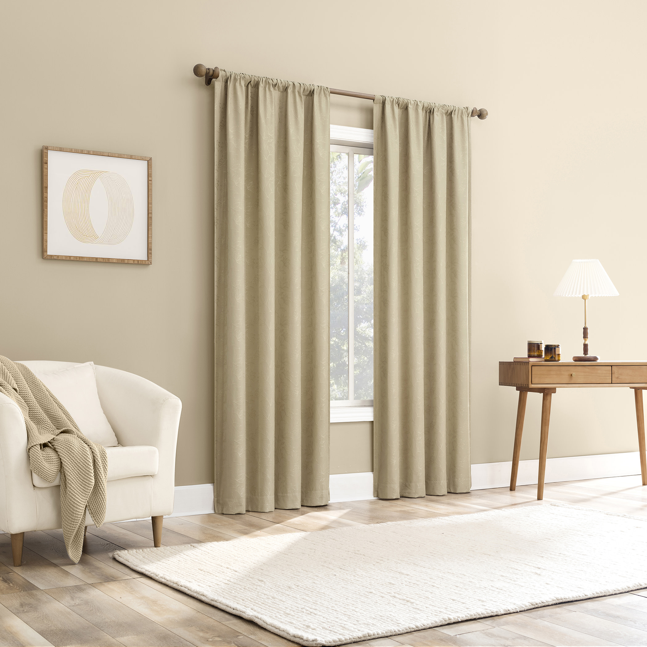 Sun Zero Bronte Floral Jacquard 100% Blackout Rod Pocket Curtain Panel, 50"W X 63"L, Taupe
