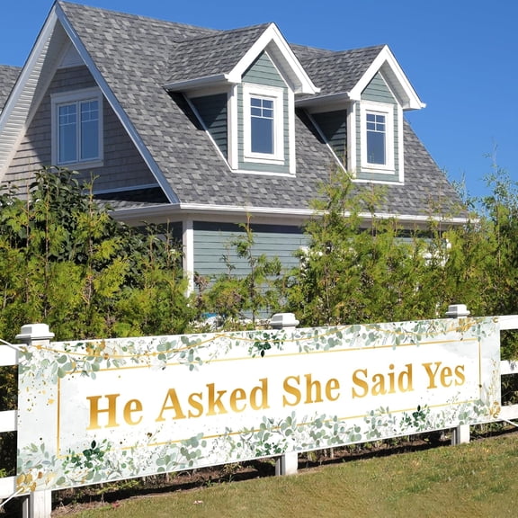 9.8x1.6FT He Asked She Said Yes Yard Banner White Rose Flowers Eucalyptus Leaves Engagement Bridal Shower Background Wedding Bachelorette Party Banner Decoration Photoshoot Props