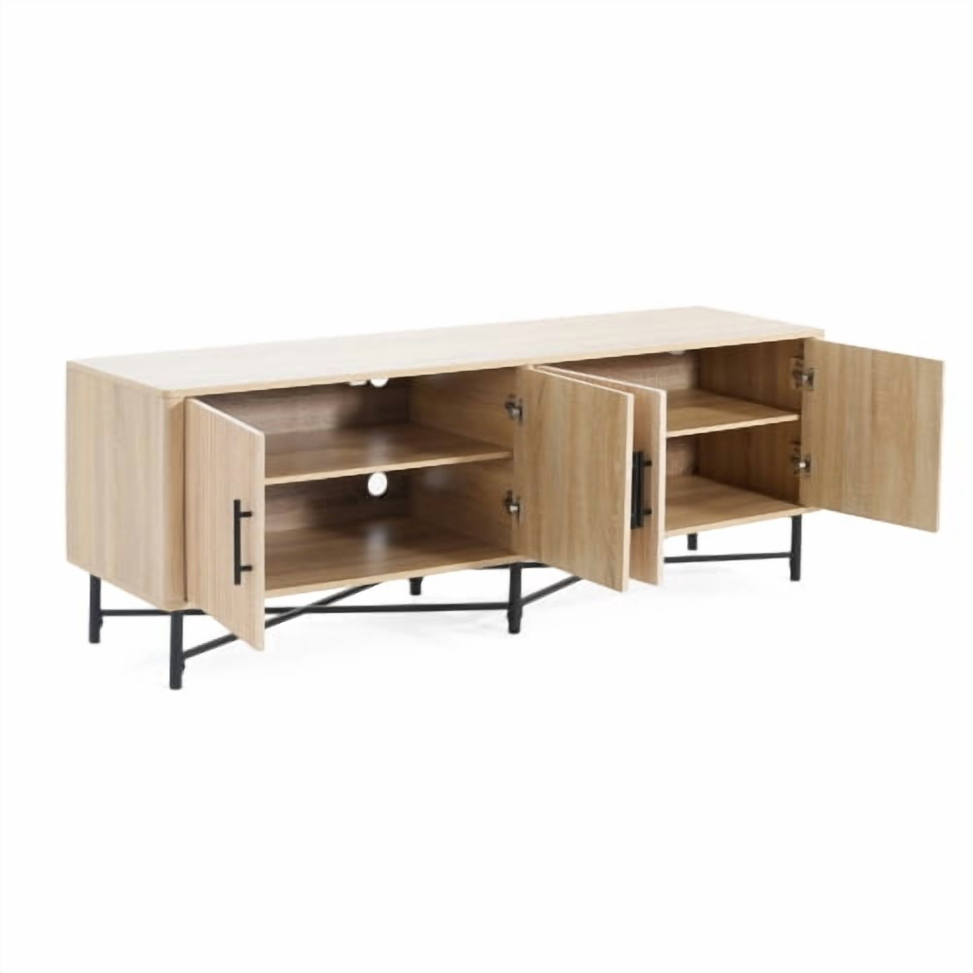 Functional 4-Door TV Cabinet, Modern Natural Entertainment Center with Adjustable Shelves, Cable Management, Iron Legs, Storage for Living Room, Fits 65 Inch TV, 66"x18"x23", Easy Assembly