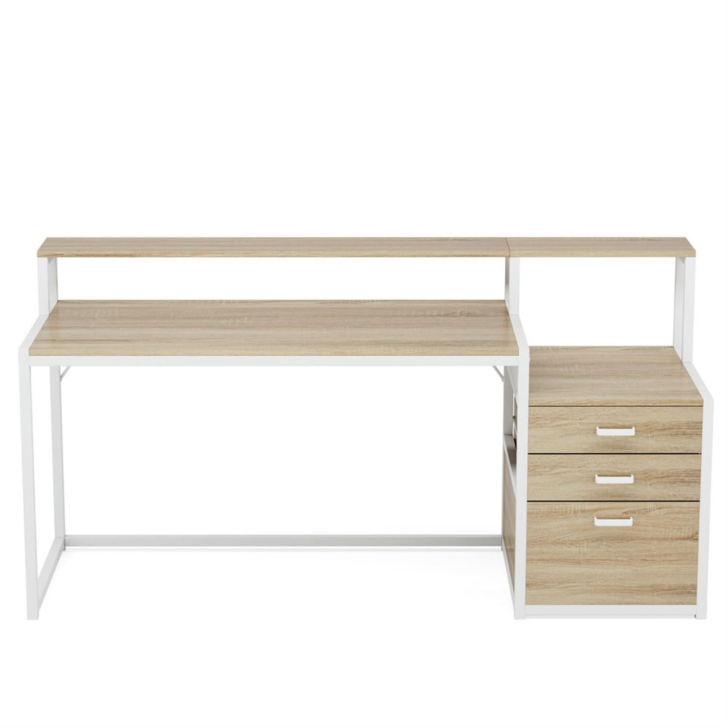 Demi Bonn Modern L Shaped Gaming Desk, 63" Ergonomic Office Corner Executive Desk with Drawers and Monitor Stand for Home Office, Beige