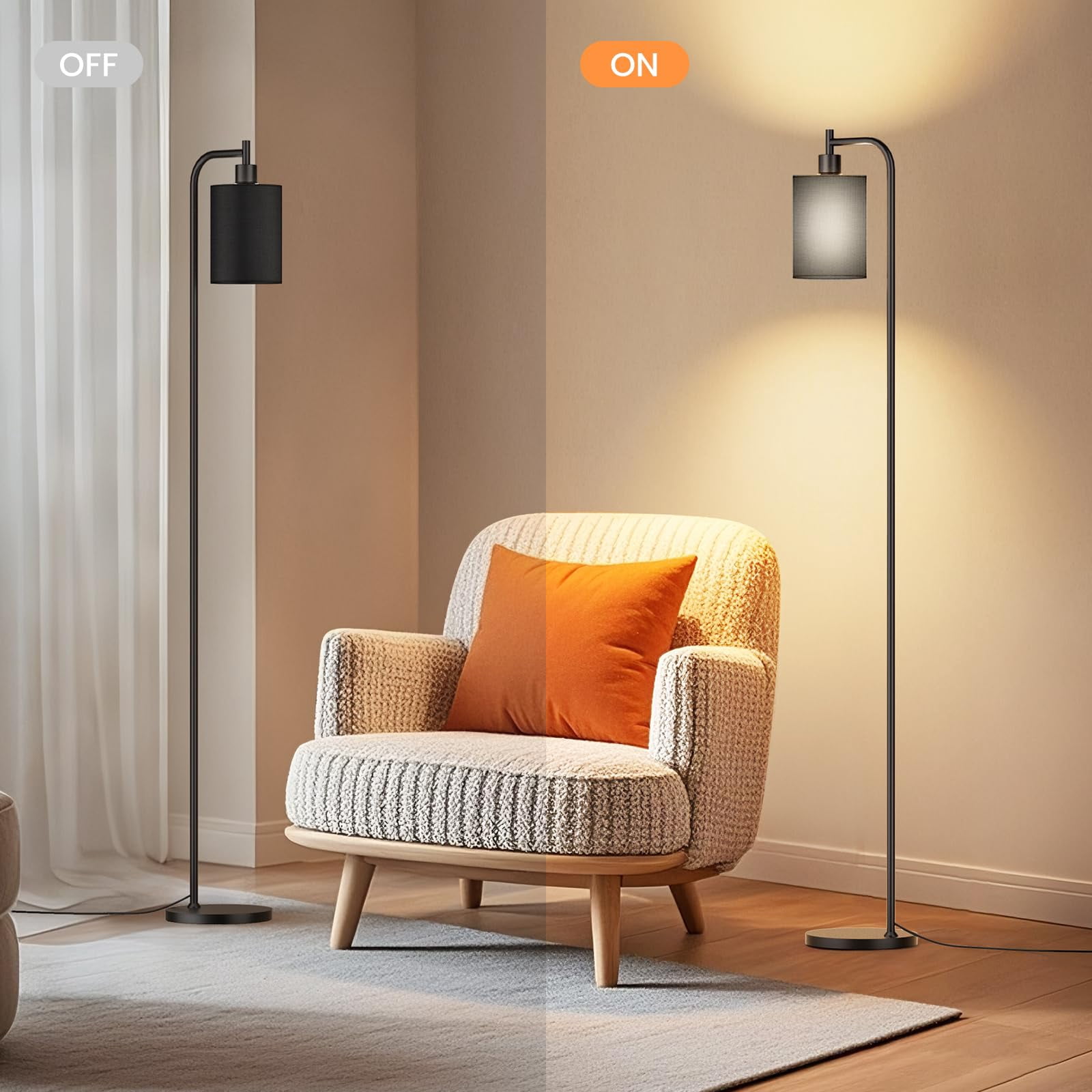 Black Floor Lamp With Linen Shade Dimmable Standing Lamp For Living Room Bedroom Office