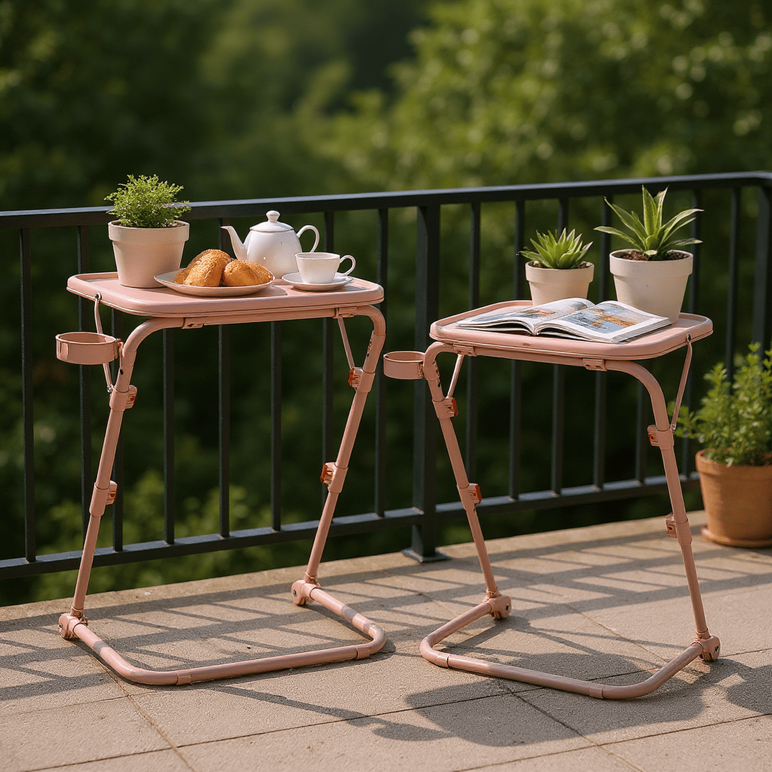 Homy Casa Folding TV Tray Table with Cup Holder, Adjustable Snack Table for Bed, Sofa, Couch, Pink
