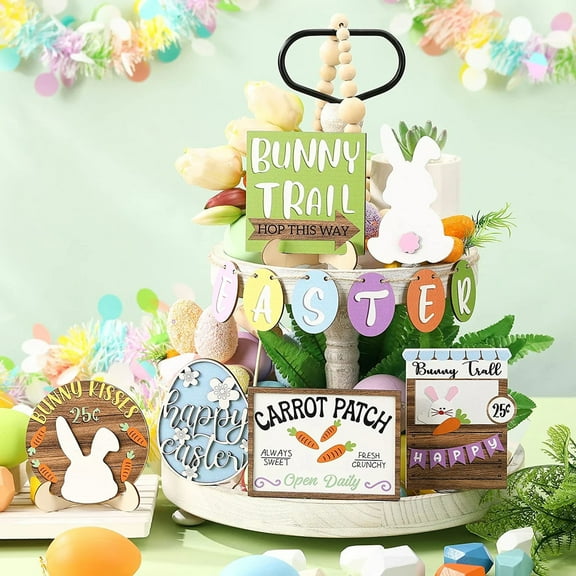 Coffee Table Tray Decoration,1 Set Of Easter Tiered Tray Decor Wooden Table Signs Green Gnome Block Wood Table Centerpieces With Holder For Easter Tiered Tray Decor Home Holiday Decor