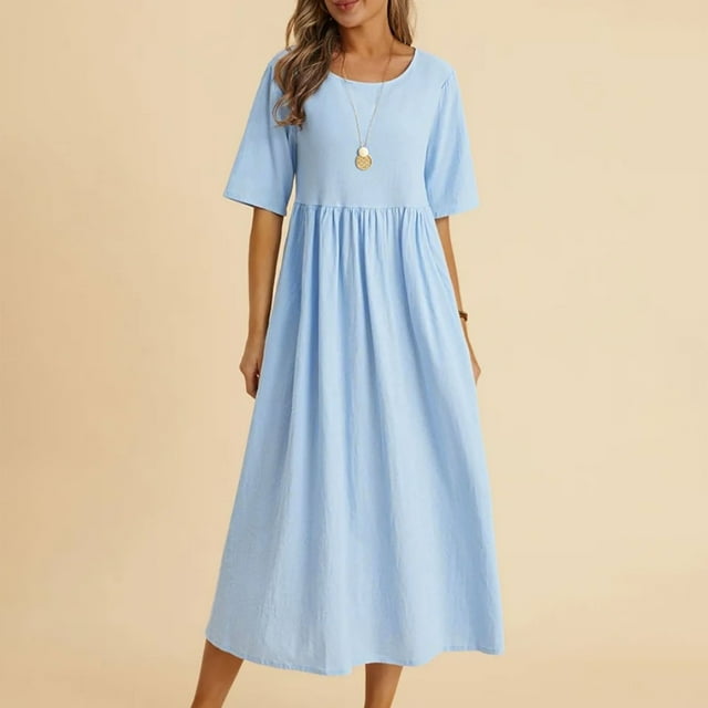 Meichang Coton Lin Été Midi Dresses pour Femmes 2024 Tunique de Vacances Dresses Col Rond Uni Manches Courtes Dresses Décontracté Évasé Travail Dresses Bleu TG