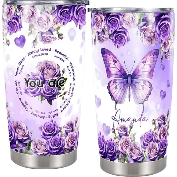 Personalized Christian Tumbler Purple Butterfly Travel Coffee Mug Insulated Cup with Lid Stainless Steel 20 oz Religious Gifts for Women Friend Sister Aunt Christmas Birthday