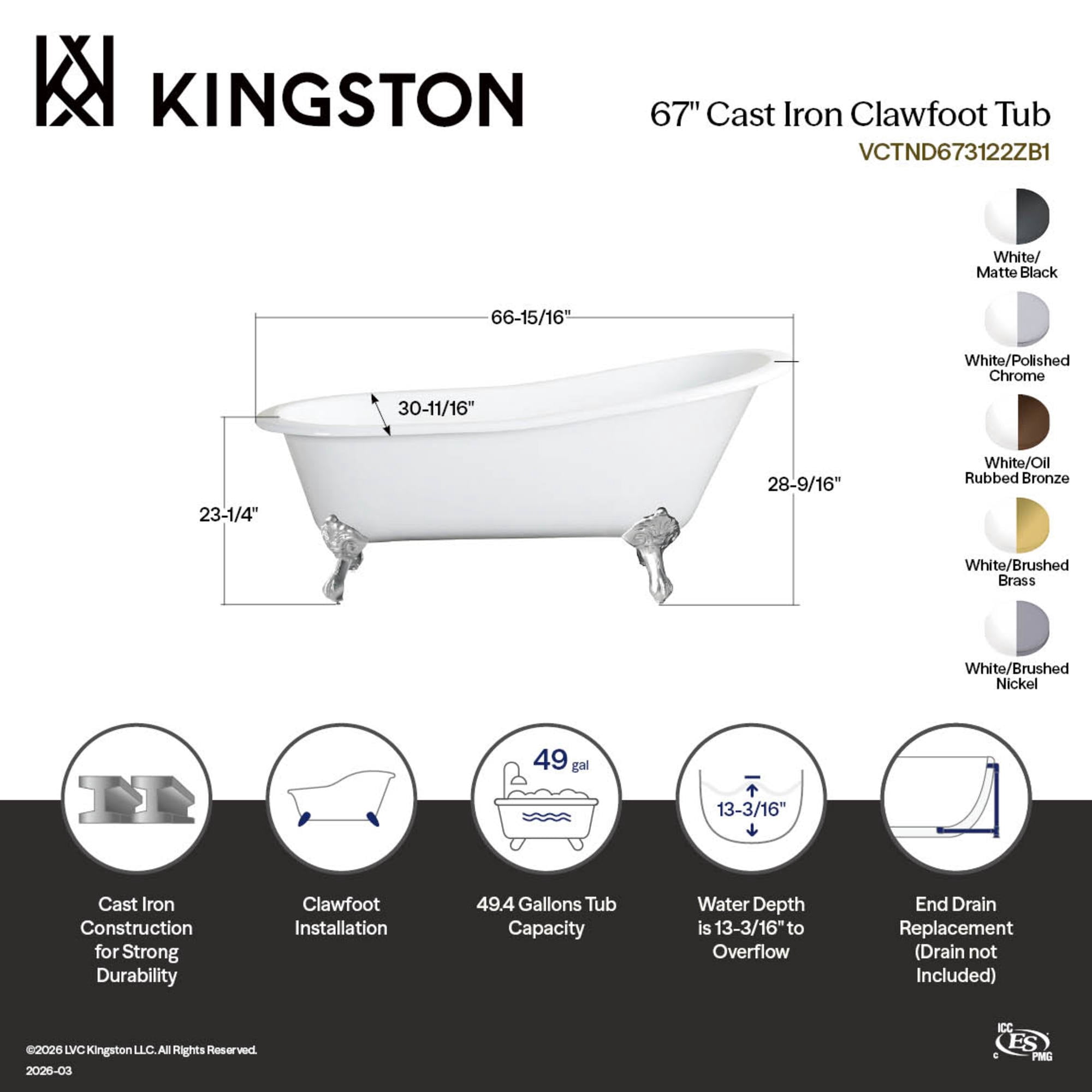 Aqua Eden VCTND673122ZB0 67-Inch Cast Iron Oval Single Slipper Clawfoot Tub (No Faucet Drillings) in White/Matte Black