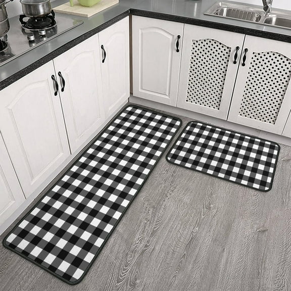 Buffalo Plaid Kitchen Rugs Set Sweet Home Farmhouse Decor Kitchen Mat Black and White Rug, Water Absorb Christmas Kitchen Rug Checkerboard Rug for Kitchen,17"x47" 17" X23"