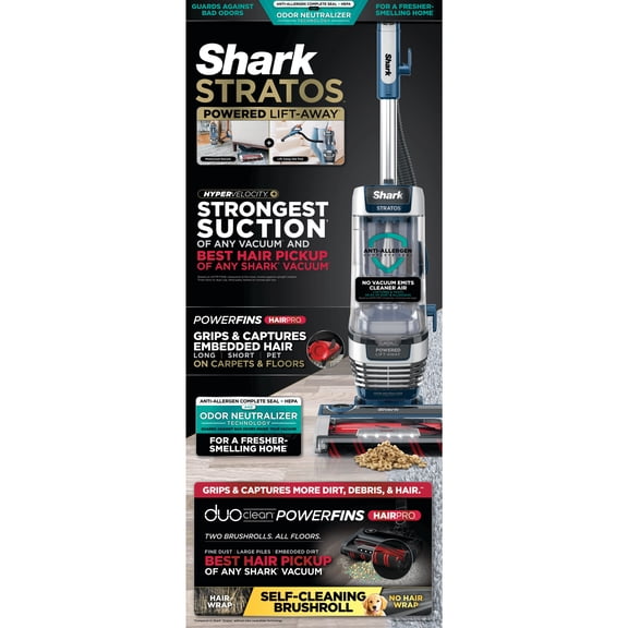 Pre-Owned Shark Stratos Upright Vacuum, Pet Friendly, DuoClean PowerFins HairPro, Powered Lift-Away, Self-Cleaning Brushroll, Odor Neutralizer Technology, AZ3002 Navy