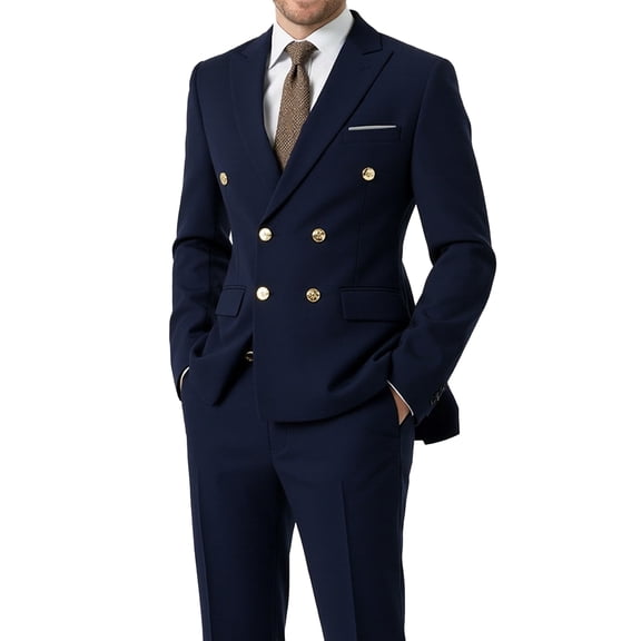 Beauty-Emily Men's Classic Double-Breasted Suit Set – Slim Fit Two-Piece Blazer & Pants with Gold Button Detail, Formal Business Suit for Office, Wedding & Events
