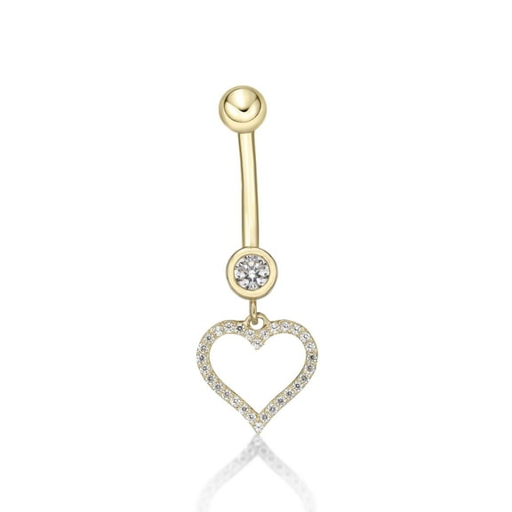 16 Gauge 10K Yellow Gold Cubic Zirconia Heart Belly Ring 12 MM Post Length