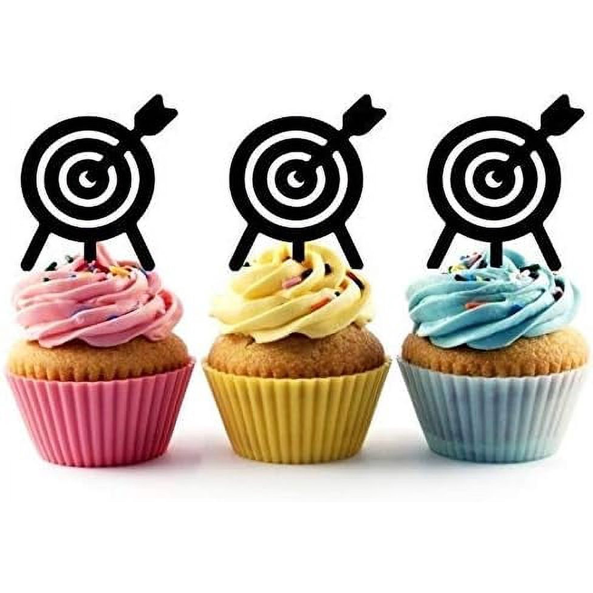 6 Pieces Bullseye Target with Arrow Silhouette Acrylic Cupcake Toppers Black Archery Picks for Sports Party Marksman Birthday Decor