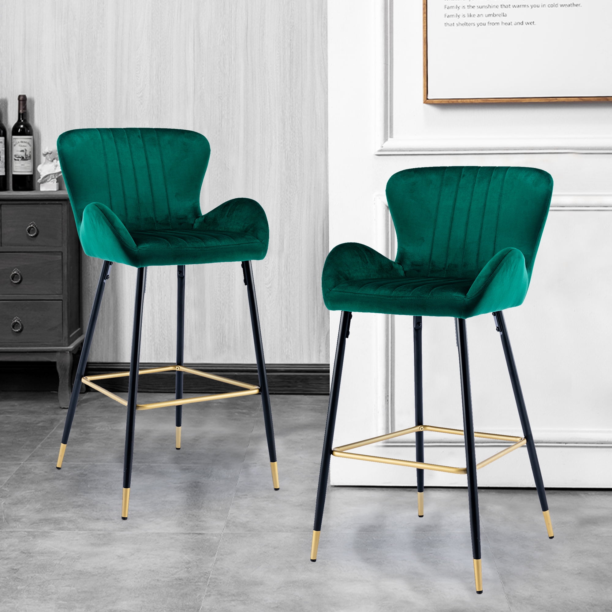 Resenkos Bar Stools Set of 2,Modern Velvet Breakfast Dining Chairs with Back and Footrest(Emerald)