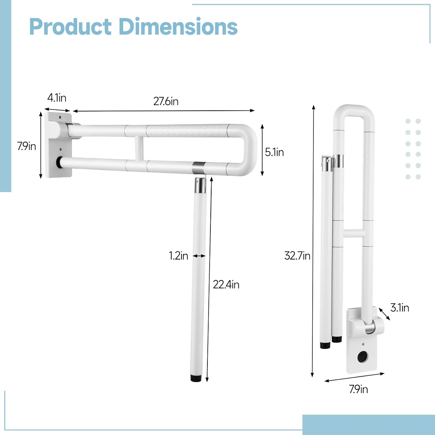 Flip Up Handicap Grab Bar, Wall Mounted Folding Toilet Safety Rail with Floor Support, Non-slip Toilet Handle for Bathroom, Assist Bar Handrails for Elderly Disabled Senior Pregnant