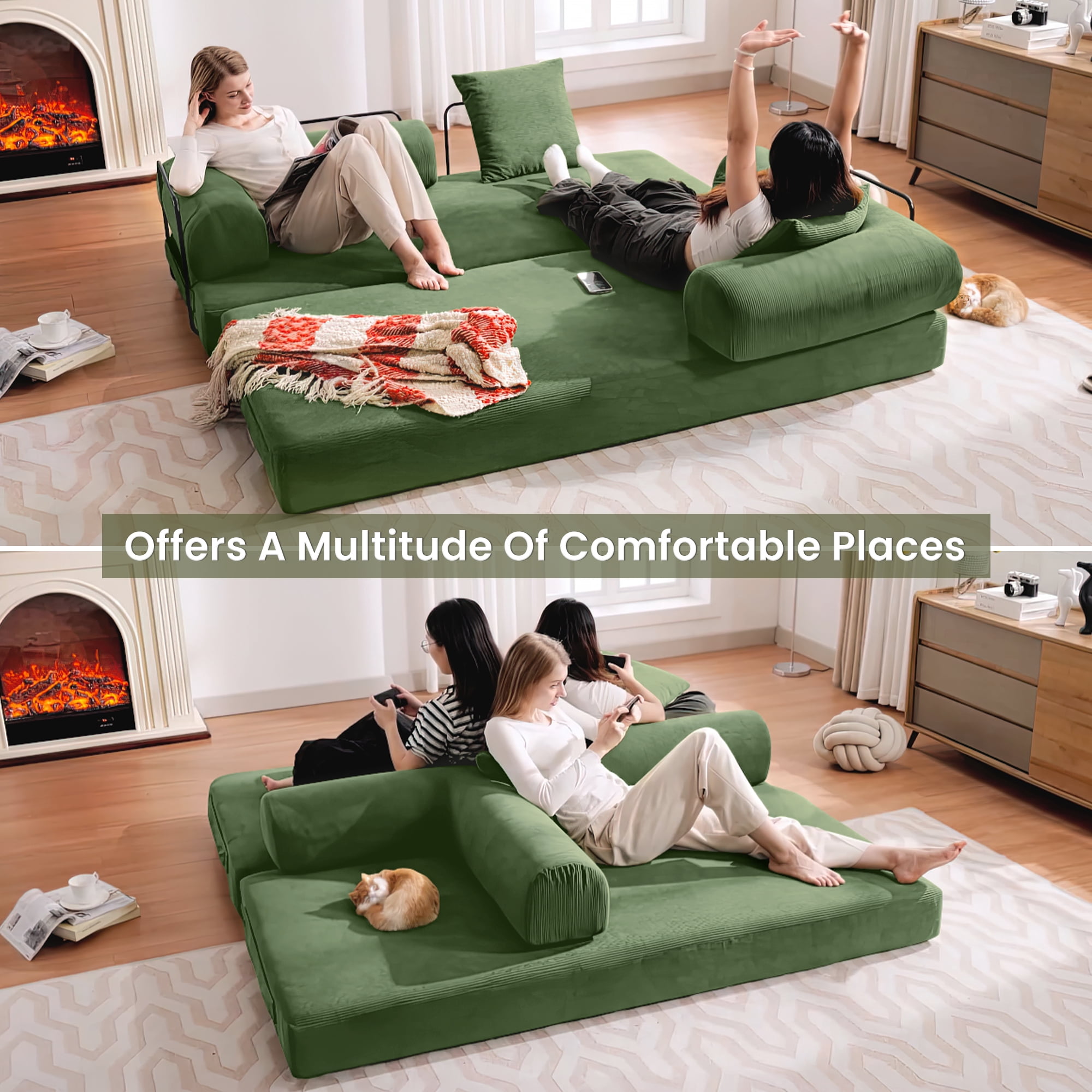 Muumblus 78" Corduroy Loveseat Cloud Sofa , Queen Size Convertible Slpper Couch Bed for Living Room, Dark Green