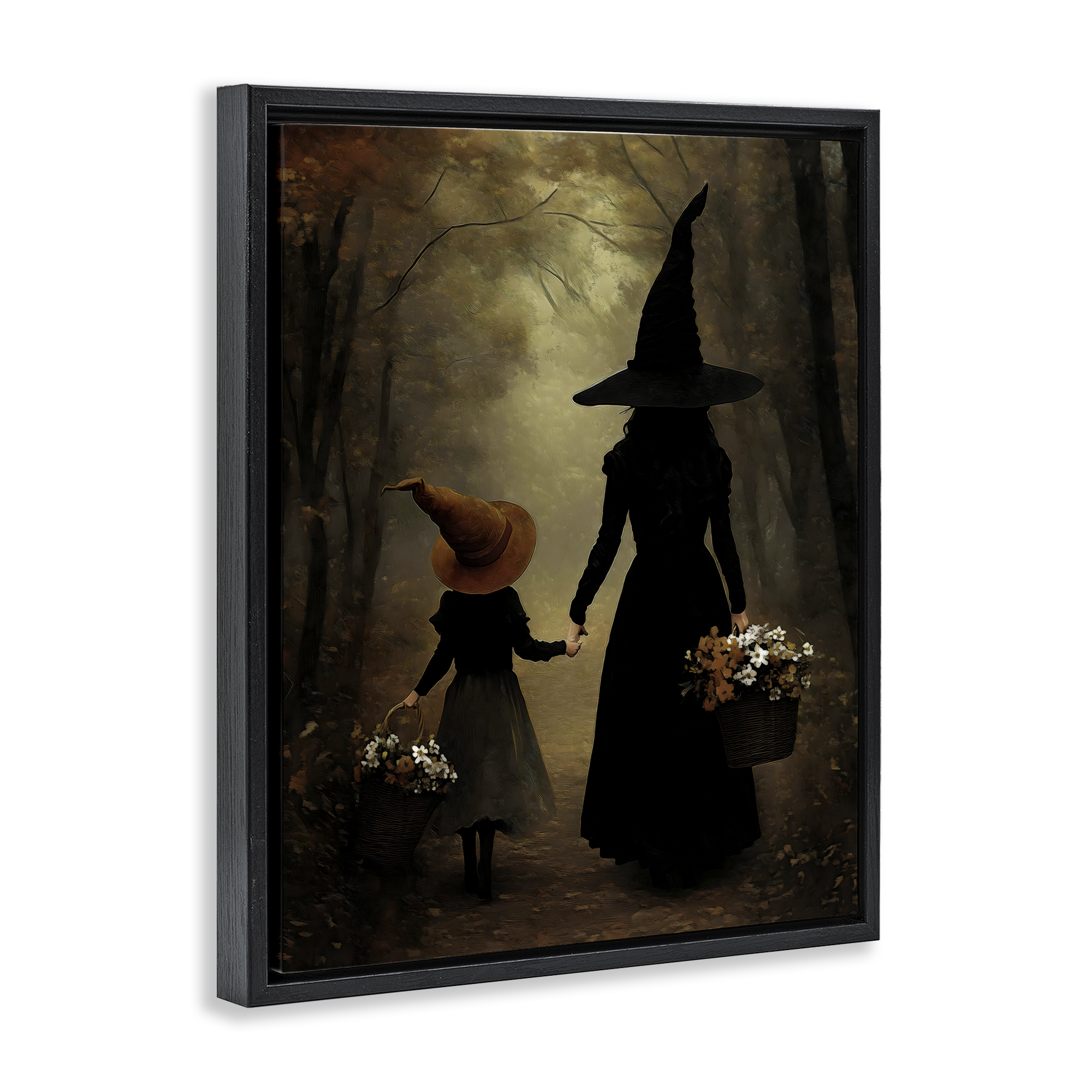 Witch & Daughter Mystical Forest Black Framed Floater Canvas Wall Art, design by Arlington Prints