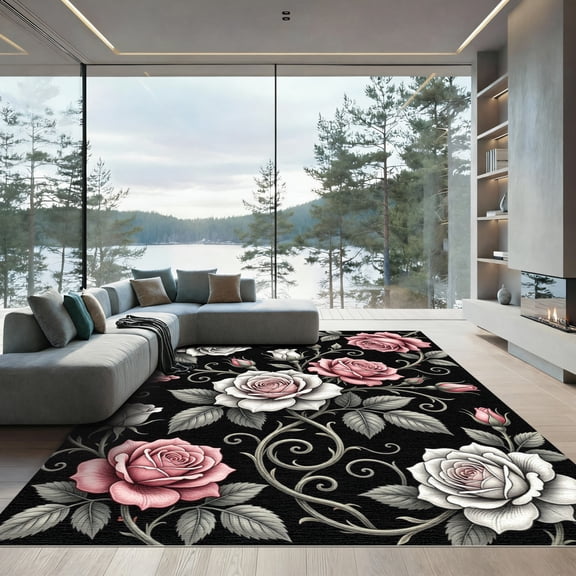 ODIKA 4'x6' Machine Washable Non-Slip Area Rug, Vintage Black High Traffic Rug, Black, 1124872