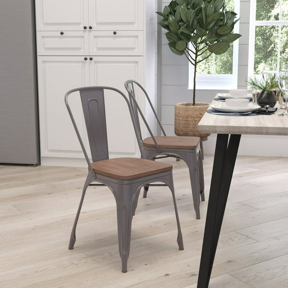 Merrick Lane Stackable Clear Coated Metal Vertical Slat Back Dining Chair with Textured Walnut Finish Elm Wood Seat